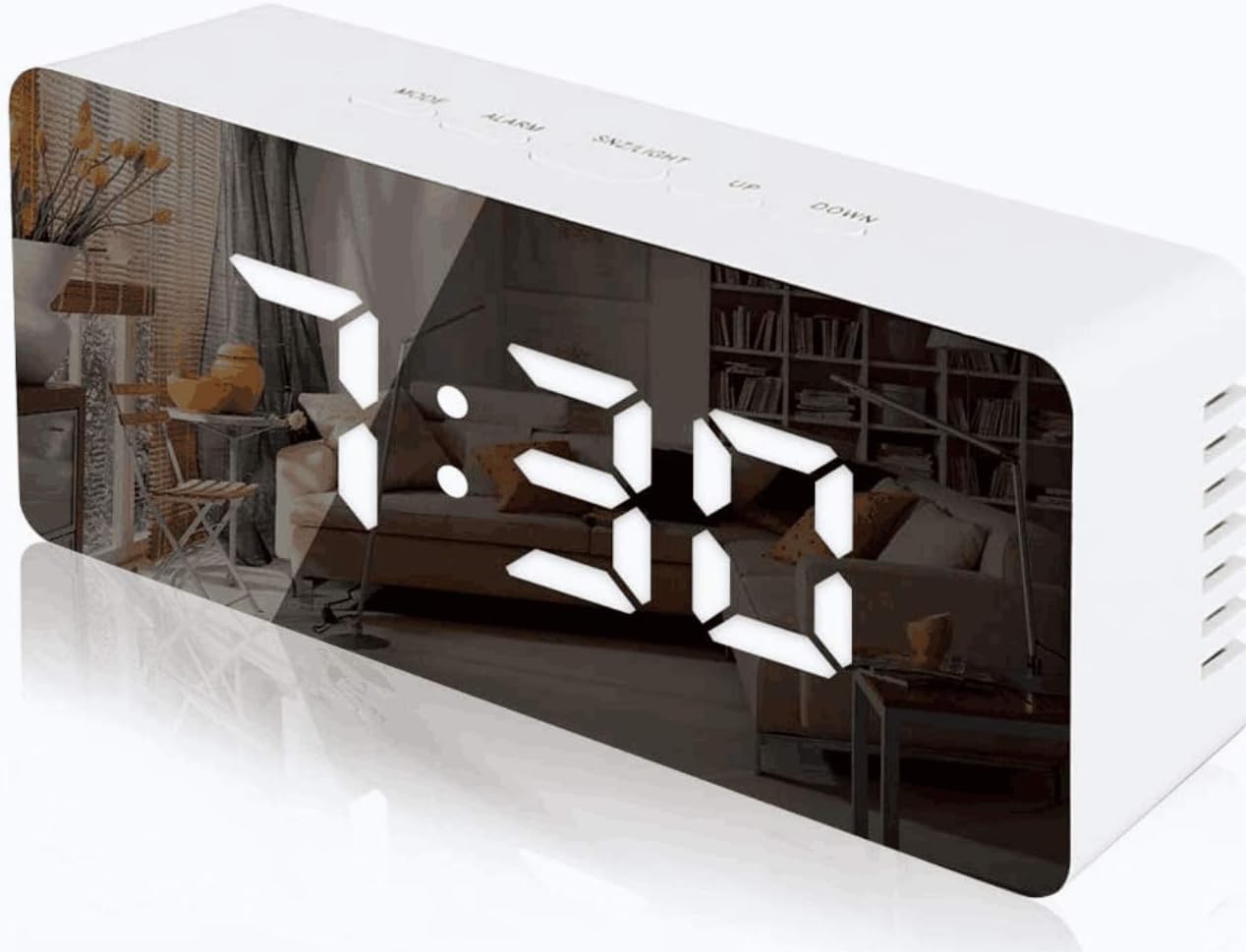 Lambony Digital Mirror Alarm Clock with Temperature Led Display Snooze Time Adjustable Brightness USB & Battery Powered for Bedroom, Office, White, 14.6 x 8.4 x 4.2 cm