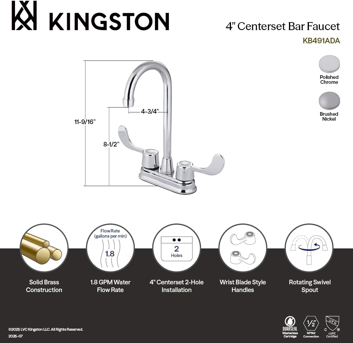 Kingston Brass KB498ADA Vista Two-Handle 2-Hole Deck Mount Bar Faucet in Brushed Nickel