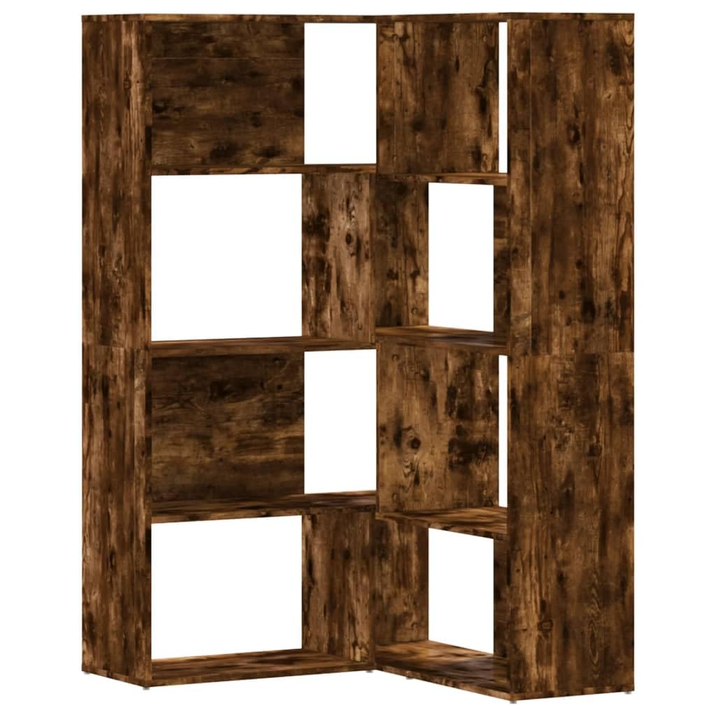 Scaffale angolare a 4 livelli, in legno di rovere fumé, 85 x 85 x 140 cm