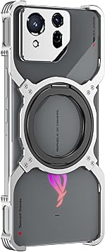 This smartphone case is compatible with Asus ROG Phone 9/9 Pro and uses a metal matte finish. It has a protective lens cover and a stand function, which is wear-resistant and shockproof. Silver, Asus