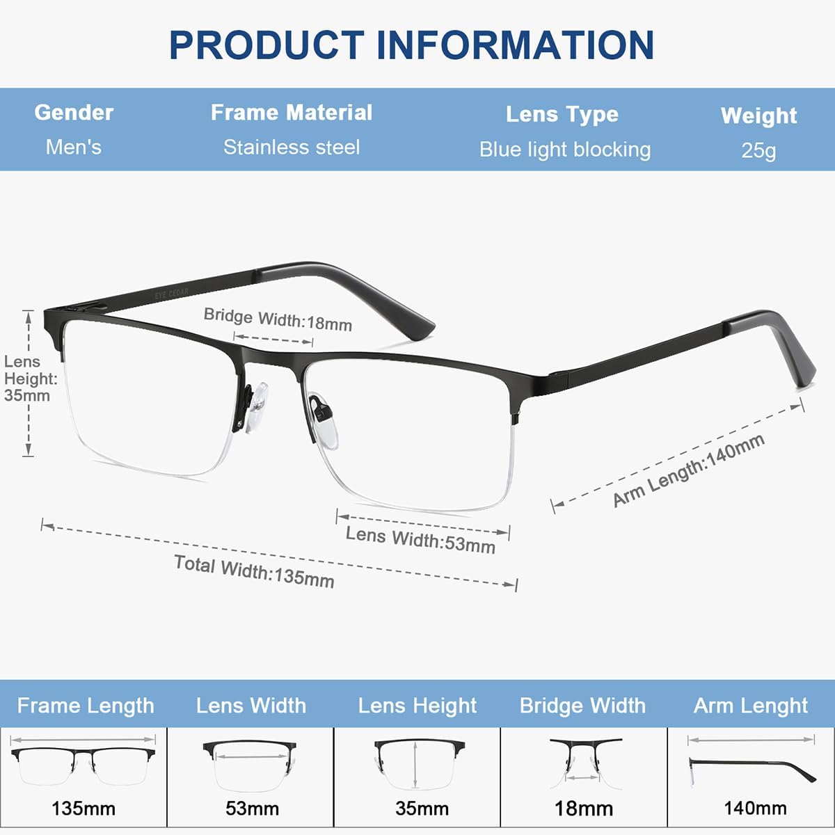 EYECEDAR 5 Pack Quality Reading Glasses Men Metal Half Frame Spring Hinges Blue Light Blocking Computer Eyeglasses Readers for Men 2.0 - Image 3