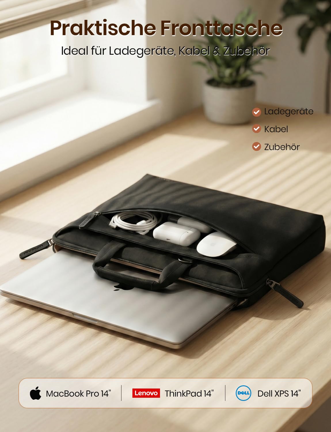 DOMISO Borsa Porta PC 14 Pollici Borsa Lavoro Donna Uomo Ufficio con Tracolla Dell Lenovo HP Computer Laptop Bag,per 15 Pollici MacBook Air Pro,Adatto per Viaggi di Lavoro,Scuola,Lavoro,Nero