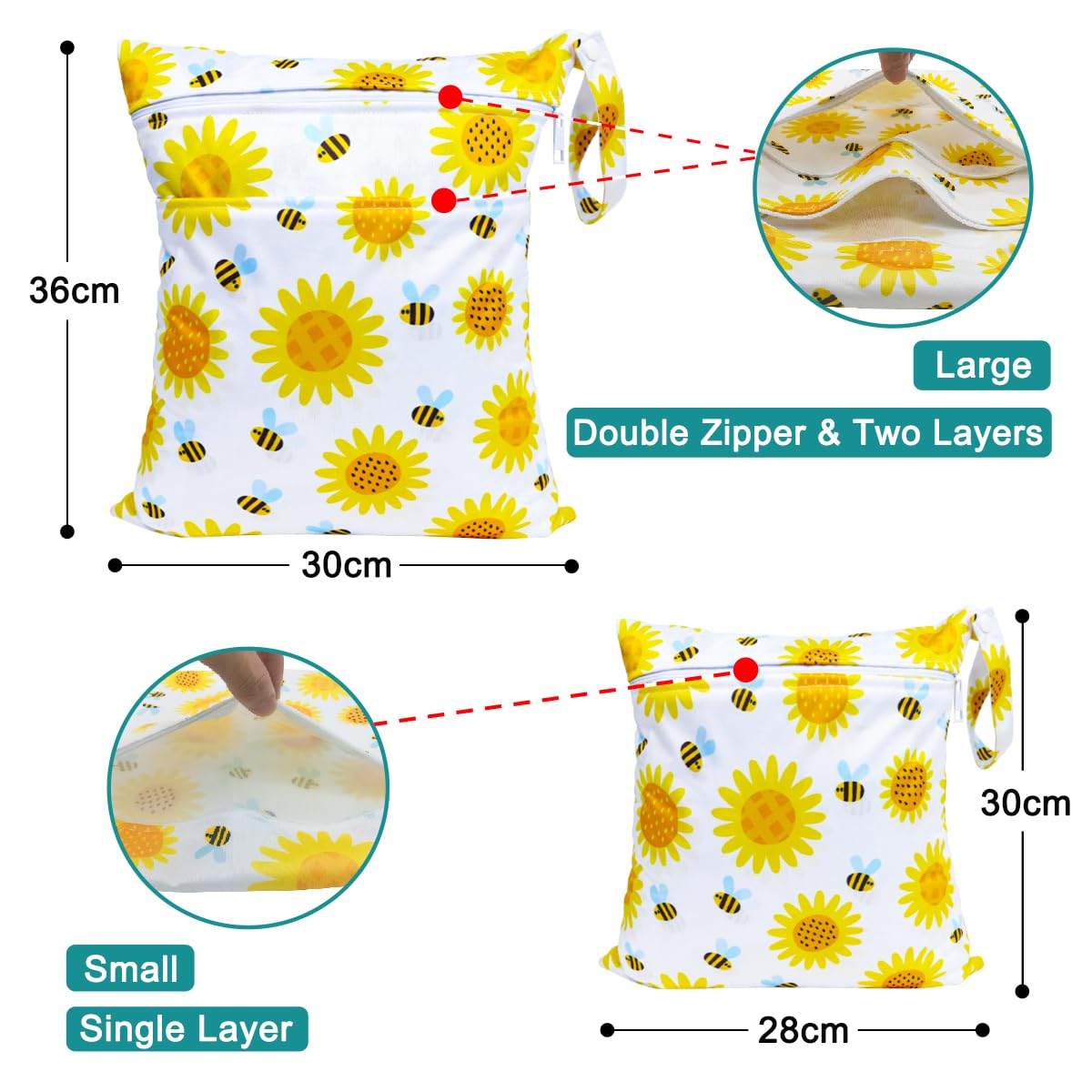 Borsa Pannolini Riutilizzabile Impermeabile 2Pcs Wetbag con Doppia Cerniera Girasole