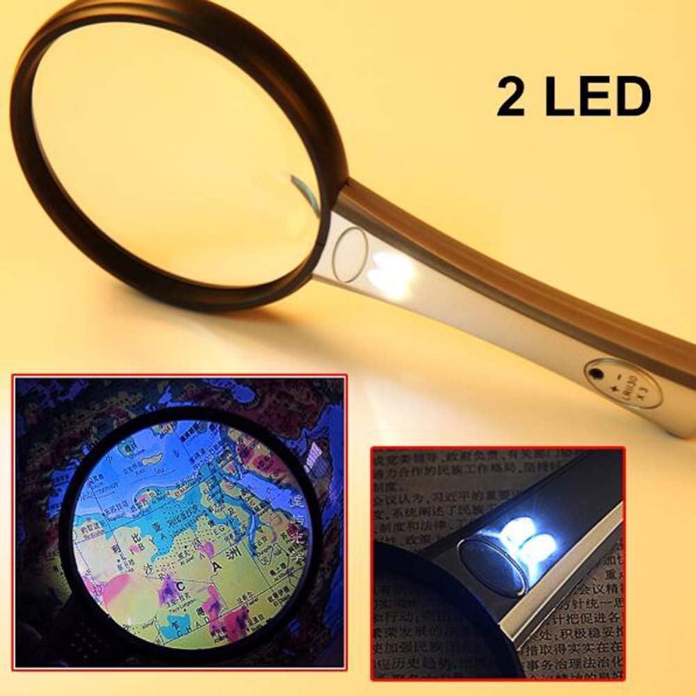 Lupa de Mano con luz LED, Lente acrílica 3X 6X, Ayuda de Lectura portátil e iluminada, Ideal para Leer Libros, periódicos, observar Insectos y Otras aficiones (Plateada).