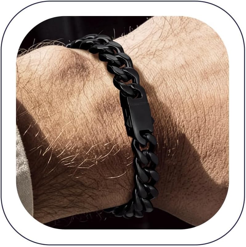 Bandmax Mens Hip Hop Cuban Link Bracelets 5/7/9/12MM Stainless Steel Miami Curb Chain Bracelet Silver/Gold Plated/Black Wristlet Chains for Men 7"-9"