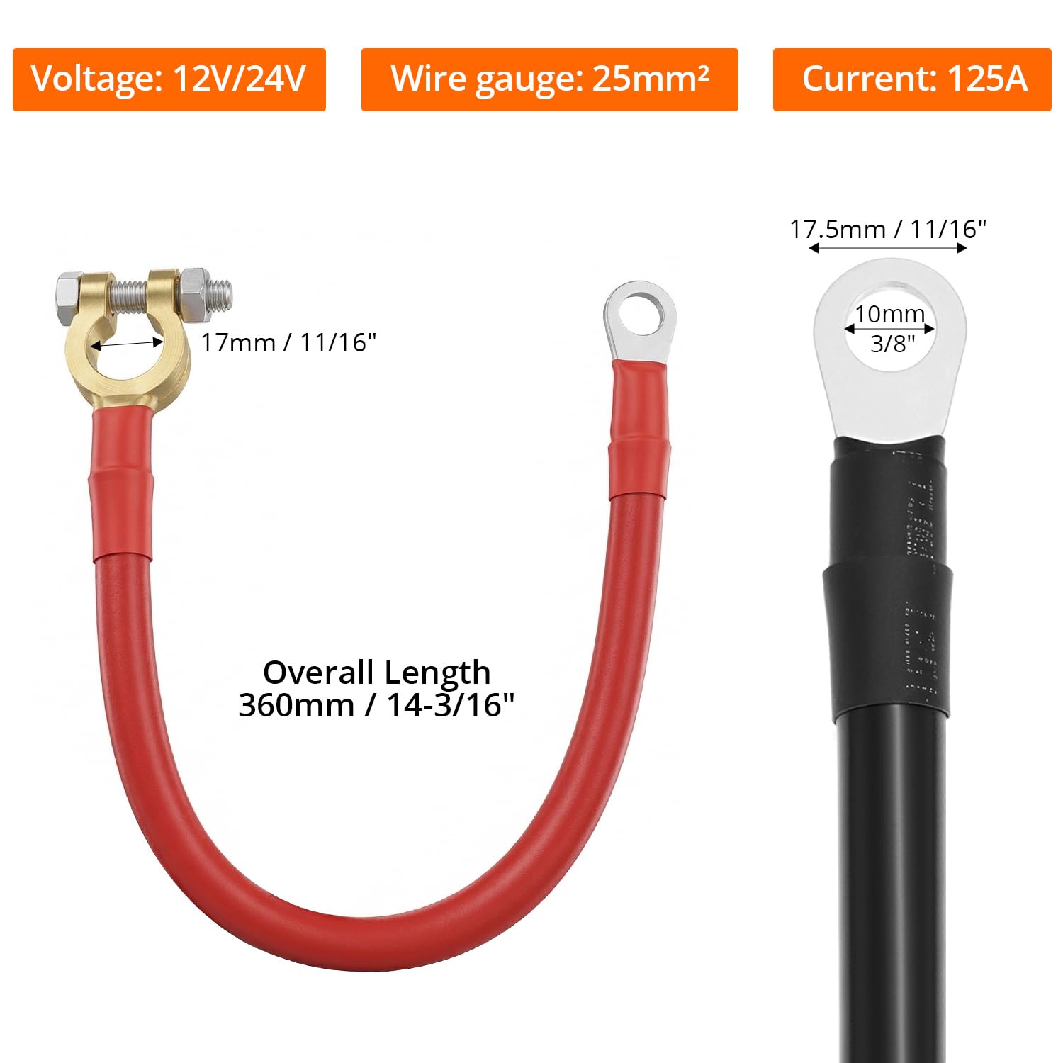 QWORK 30cm Battery Inverter Cable Set, 12V–24V 25mm² 3AWG 125A Heavy Duty Copper Wire with Brass Terminals Red and Black Automotive Solar RV Marine Battery Leads
