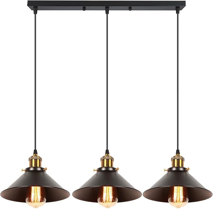 iDEGU iDEGU Retro hanglamp, 3 lampen, vintage industriële kroonluchter, metaal, E27, plafondlamp, lampenkap, design, Edison, hanglamp, voor keuken, eetkamer, café, bar, restaurant, Ø 22 cm, zwart