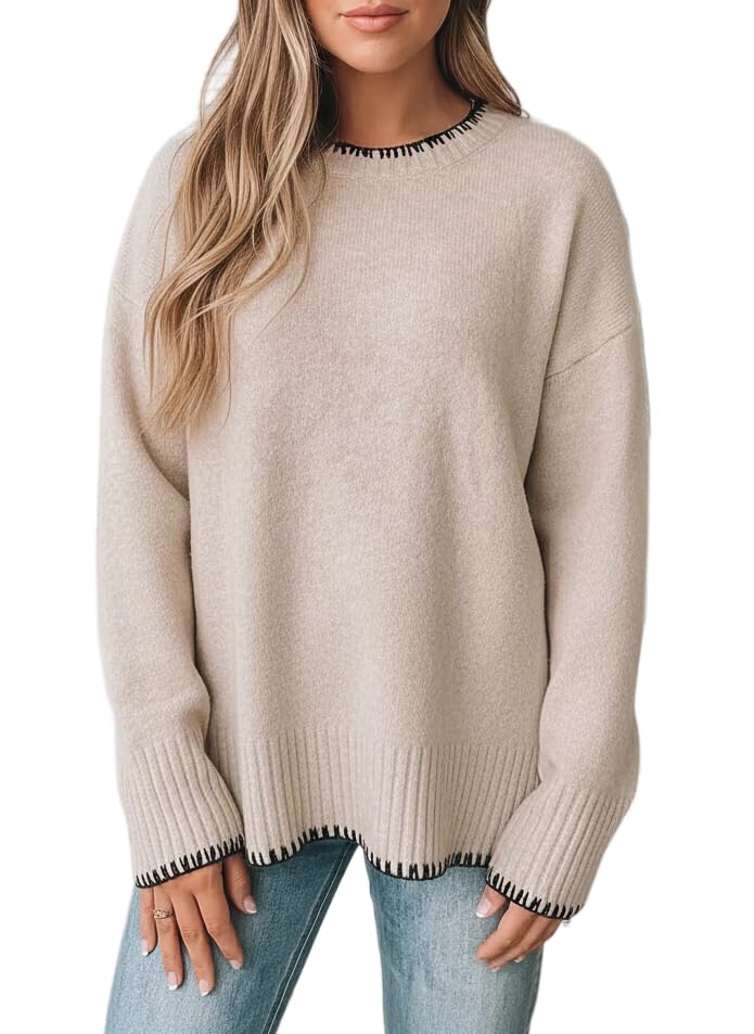Womens Crewneck Side Slit High Low Hem Pullover Sweater Casual Oversized Long Sleeve Cable Knit Jumper Tops