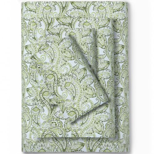 Image of Feather & Stitch Printed 500 TC King Size 4pc Damask Bed Sheet Set, 100% Soft Cotton Breathable Bedsheets, 18 inch Deep Pockets Sateen Weave Bedding Mattress Hotel Luxury Decor - Olive Green Paisley