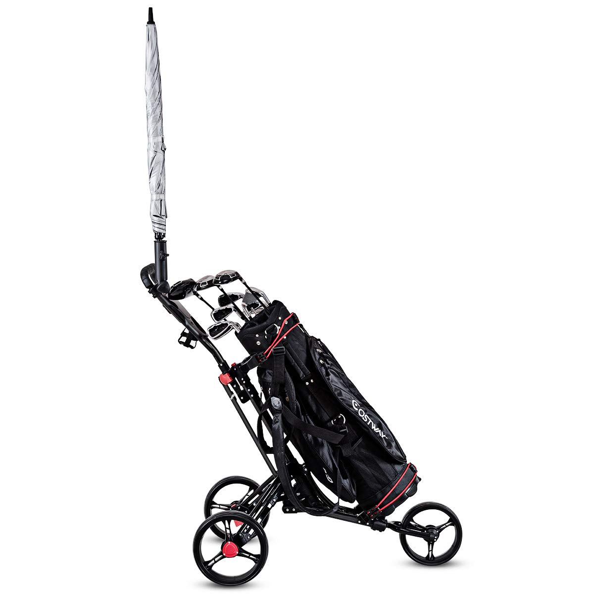 DREAMADE Golftrolley Golfwagen klappbar, Golfcart aus Aluminium mit schnellem Klappmechanismus, 3-Rad-Gofwagen mit Bremse Anzeigetafel Regenschirmhalter Basis, Schwarz