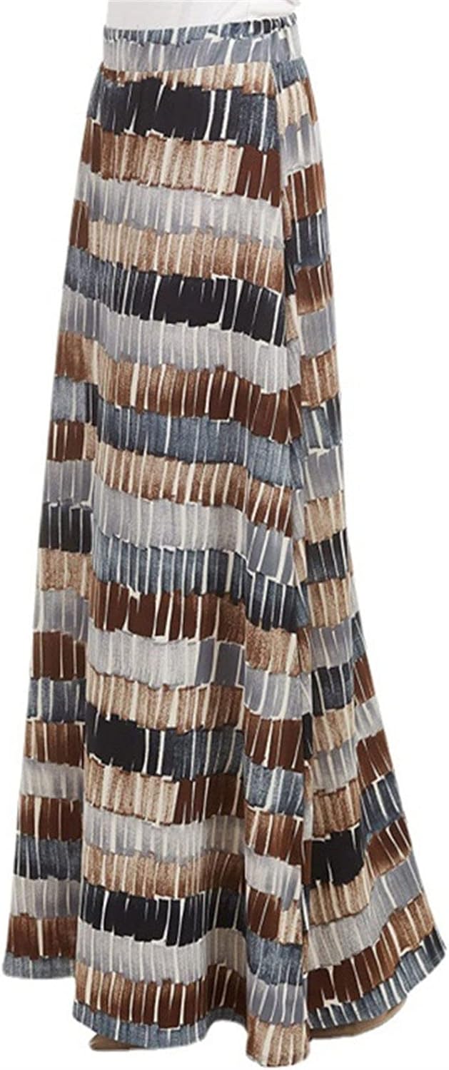 Women's Boho Vintage Print Pockets Plus Size Side A Line Chiffon Skirt Summer Beach Pleated High Waisted Long Dress
