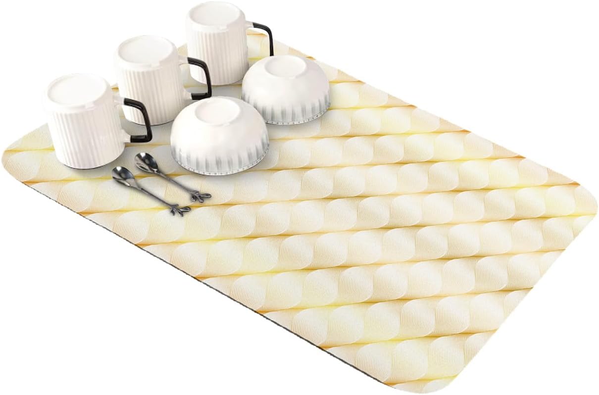 Yellow Geometric Dish Drying Mat for Kitchen Counter, Super Absorbent Quick Dry Coffee Bar Mat Pad Thin Diatomaceous Sink Mat Non Slip Dish Drainer Mat 16''x24'' Modern Moire Abstract Art Aesthetics