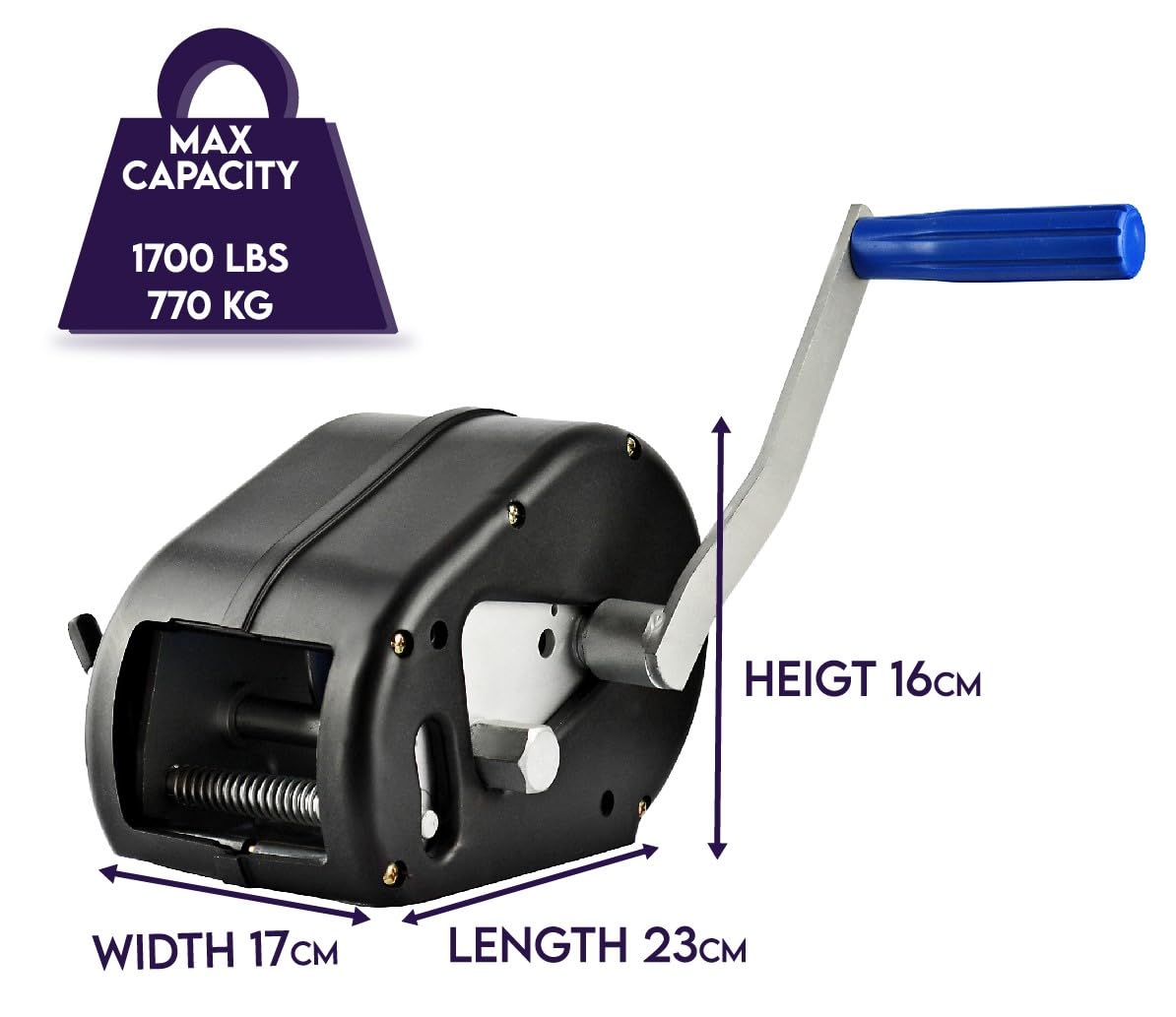 Treuil Manuel 1700 lbs 770 kg avec Casing, Sangle 10 mètres, fabriqué en acier inoxydable, frein à cliquet, simple effet, pour bateaux, remorques, industrie