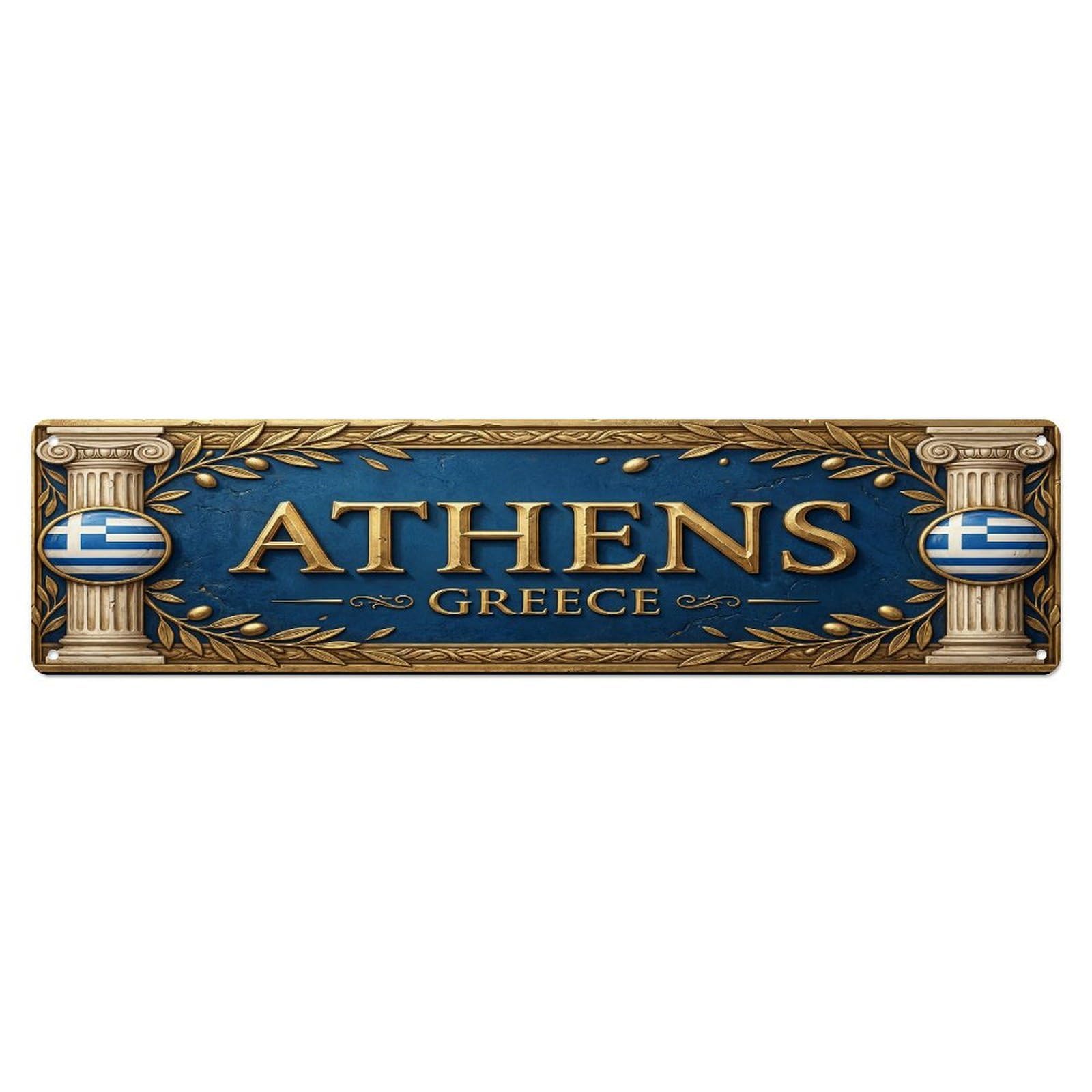 Vintage Athens Greece Flag Pattern Metal Tin Sign