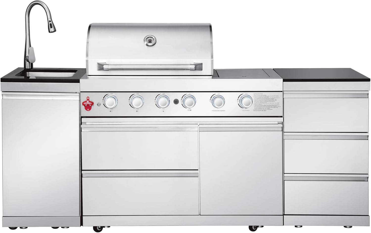 4 Burner Outdoor Kitchen BBQ Grill Island 72000 BTU, Modular Propane Stainless Steel Barbecue Bar With Three Drawer Storage Cabinet, Sink, Propane Grill for Patios, Gardens, Parties