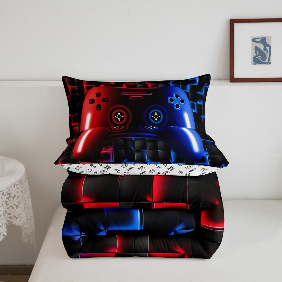 Erosebridal Gaming Bedding Sets for Boys,Full Size Comforter Sets for Boys Girls Kids 3D Gamer Geometric Comforter,Game Console Lightweight Microfiber Duvet Quilt,Neon Red Blue Black Glowing