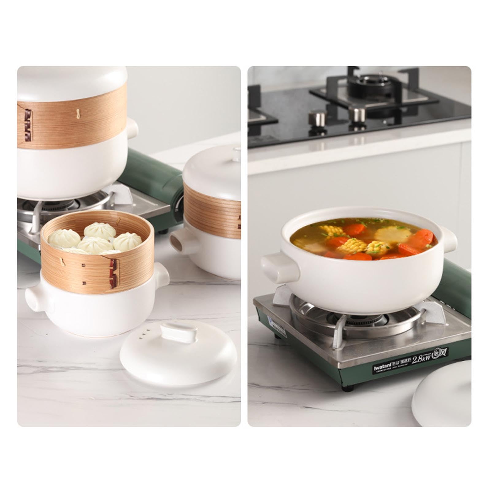 Keramik-Kasserolle, Tontopf, Dampfgartopf mit Dampfkorb, antihaftbeschichtet, hitzebeständig(White,1.5 L)