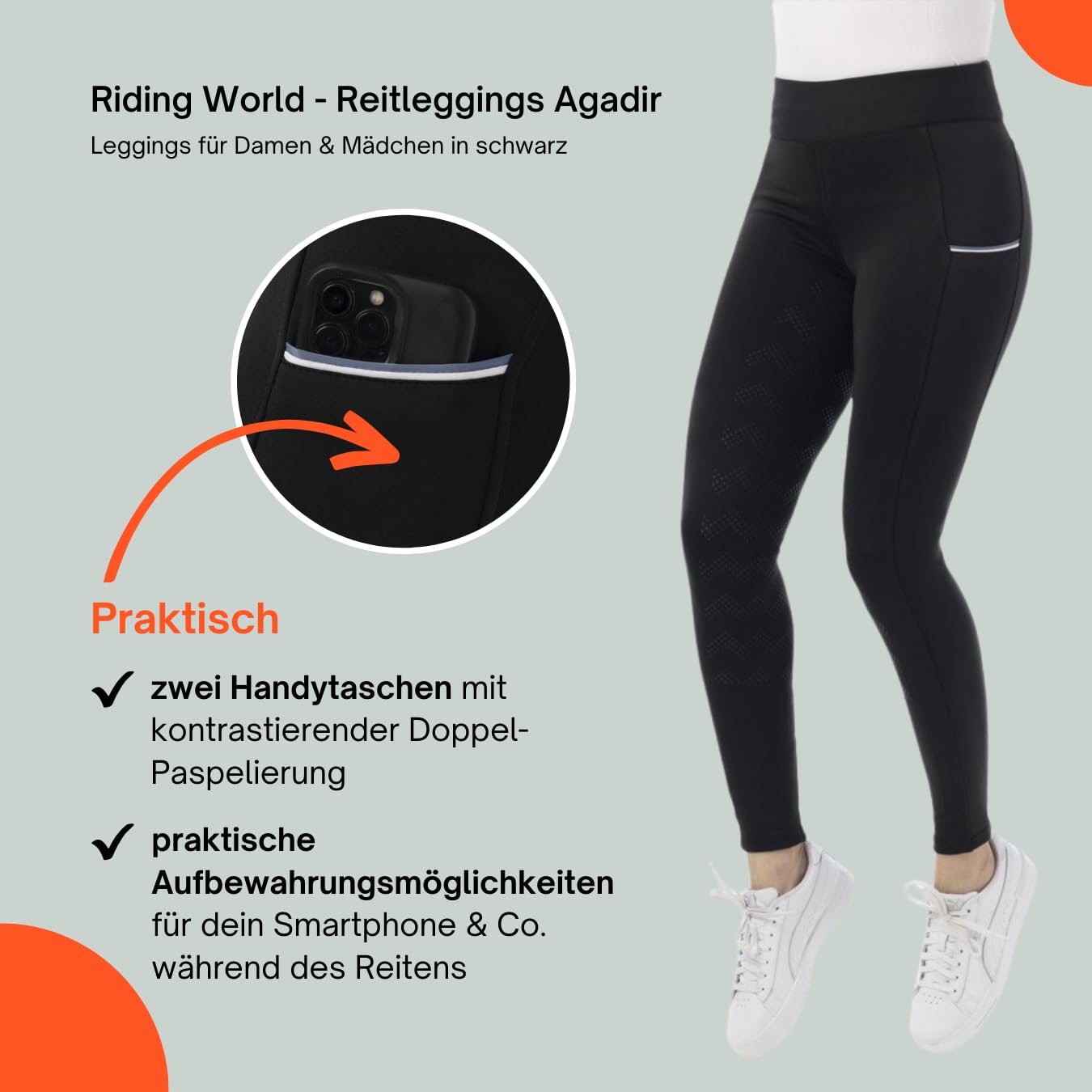 Riding World - Reitleggings für Damen Agadir | Leggings zum Reiten | Reithose mit Silikon-Vollbesatz & breitem Bund | Reiterhose mit 2 Handytaschen | Damen Reitbekleidung in Schwarz | Größe 38