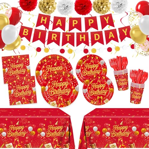 212pcs Red and Gold Party Plates Napkins Happy Birthday Decorations Disposable Tableware Set Paper Cups Banner Tablecloth for Men Women Birthday Party Supplies Serves 24