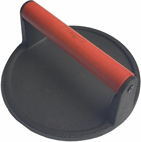 Firsgrill Burger Press - Bistec redondo de hierro fundido resistente de 6.6 pulgadas con mango de madera para parrillas Blackstone Weber Treager