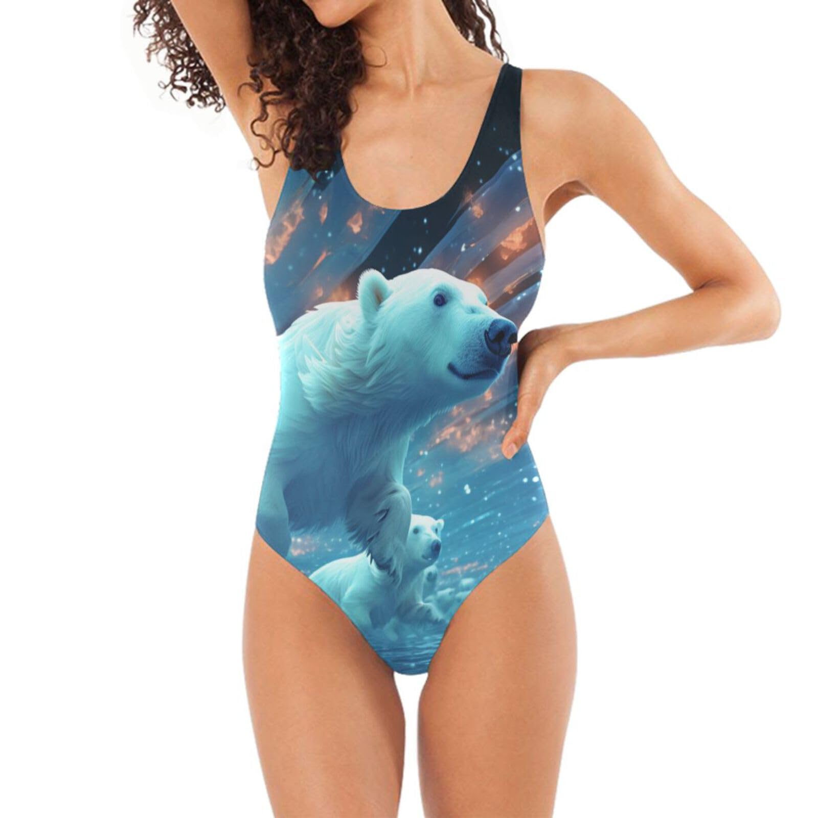 Space Flying Sparkle Polar Bears Swimwear Monokini Beachwear One Piece Swimsuit Bathing Suits for Women Teen Girl