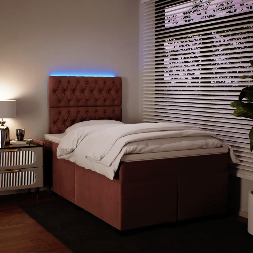 Cama con somier rosa de terciopelo 120 x 200 cm con LED USB, cabecero regulable en altura regulable, colchón de resistencia media para jóvenes, dormitorios, habitaciones de invitados