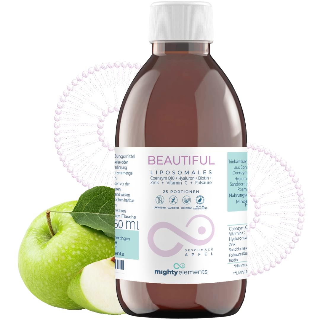 Mighty Elements Liposomales Beautiful 6in1, Vitamin C 100mg, Apfel, 250ml | Zink 15mg, Hyaluron 100mg, CoQ10 100mg, Biotin, Folat, 25 Portionen, vegan, hochdosiert