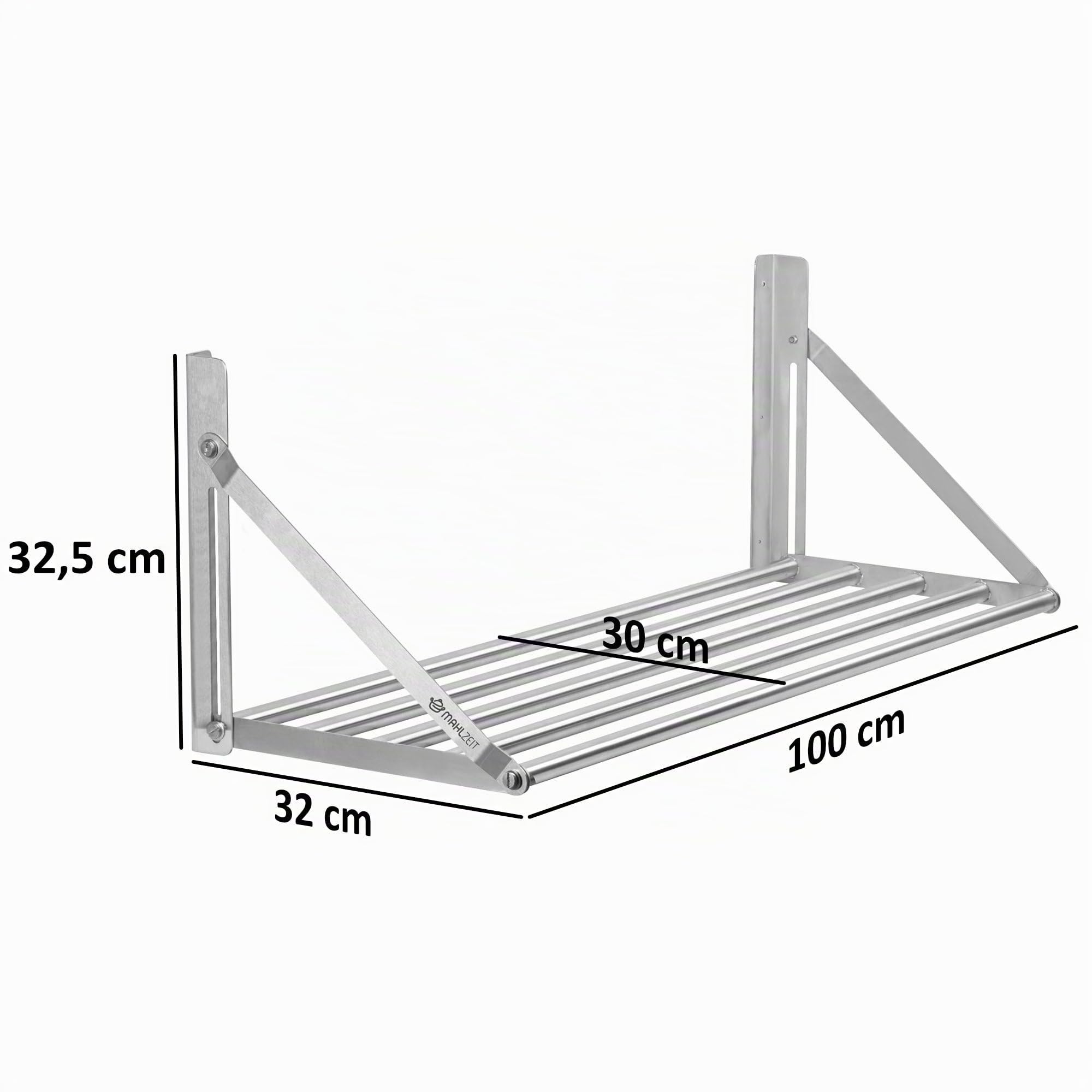 Mahlzeit Edelstahl Wandregal im Stangendesign | 100 x 30 cm | Hängeregal, Klappbar | Silber | Ablage Edelstahl Regal Gastro, Schweberegal
