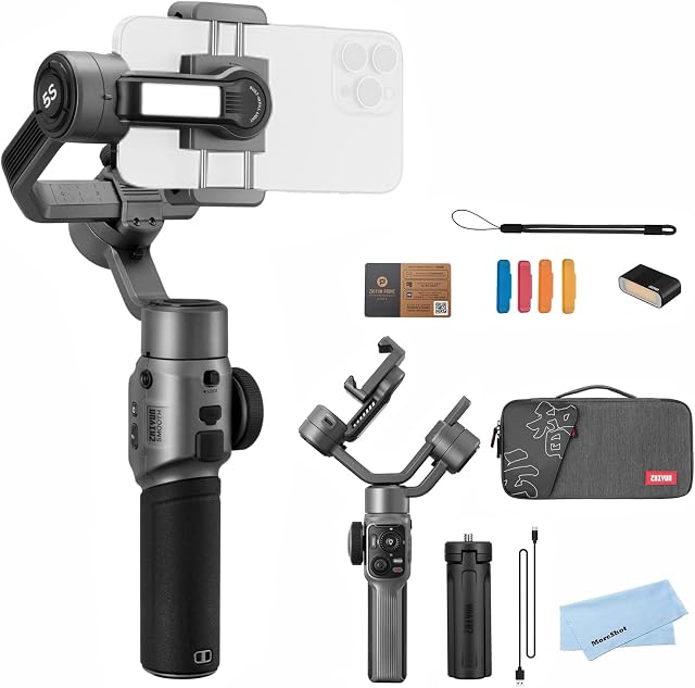 Zhiyun Smooth 5S Combo Gray Gimbal Stabilizer for Smartphone with magnetic light for iPhone 14 13 12 11 X 8 Pro Max Plus Android YouTube Tiktok Vlogging, Zhiyun Smooth 5 Phone Gimbal Upgraded Version