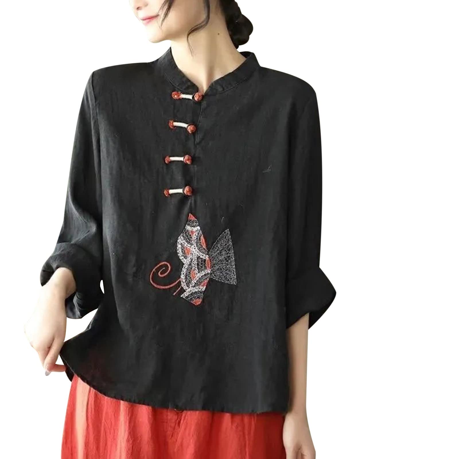 Womens Vintage Ethnic Embroidery Qipao Shirts Long Sleeve Mandarin Collar Cotton Linen Casual Frog Button Chinese Traditional Martial Arts Kung Fu Tai Chi Tang Suit Shirt