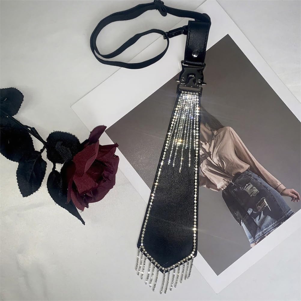 Rhinestone PU Leather Ties for Women Men Sparkly Fringed Adjustable Punk Chain Necktie for Casual Formal Party