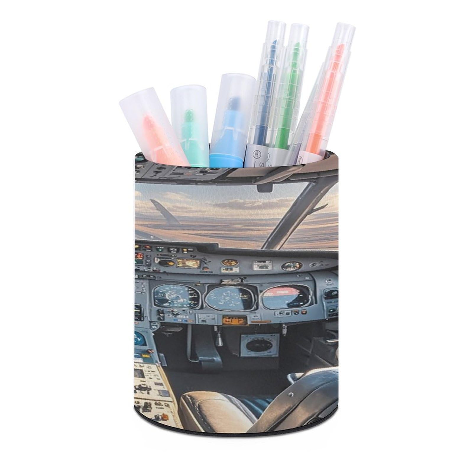 FekiLoot Round Airplane Cockpit Pen Holder for Desk PU Leather Waterproof Pencil Cup Stand Minimalist Makeup Brush Storage Organizer Desktop Stationery Container Accessorires