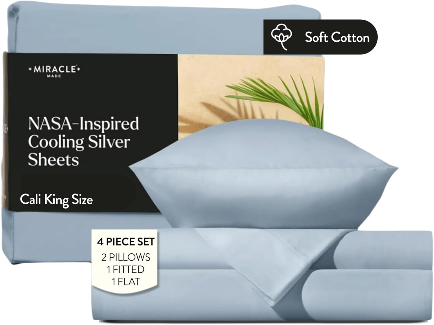 Miracle Made Breathable Cotton Bed Sheets, 4-Piece Set – Silver-Treated, Soft and Cool-to-The-Touch Lightweight Bedding Designed for Hot Sleepers – Cali King Size, Sky Blue