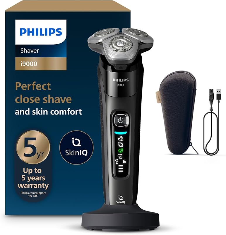 Barbeador elétrico masculino Philips i9000 úmido e seco com aparador integrado, estação de carregamento e estojo de viagem, preto — Modelo X9000/10