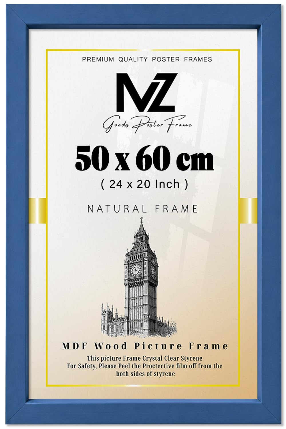 MZ GOODS | MDF Picture Frame (50 x 60 CM) 60 for Art Prints, & Family Travel Photos, Premium MDF Finish, Portrait & Landscape Hanging Hooks [ Blue ]