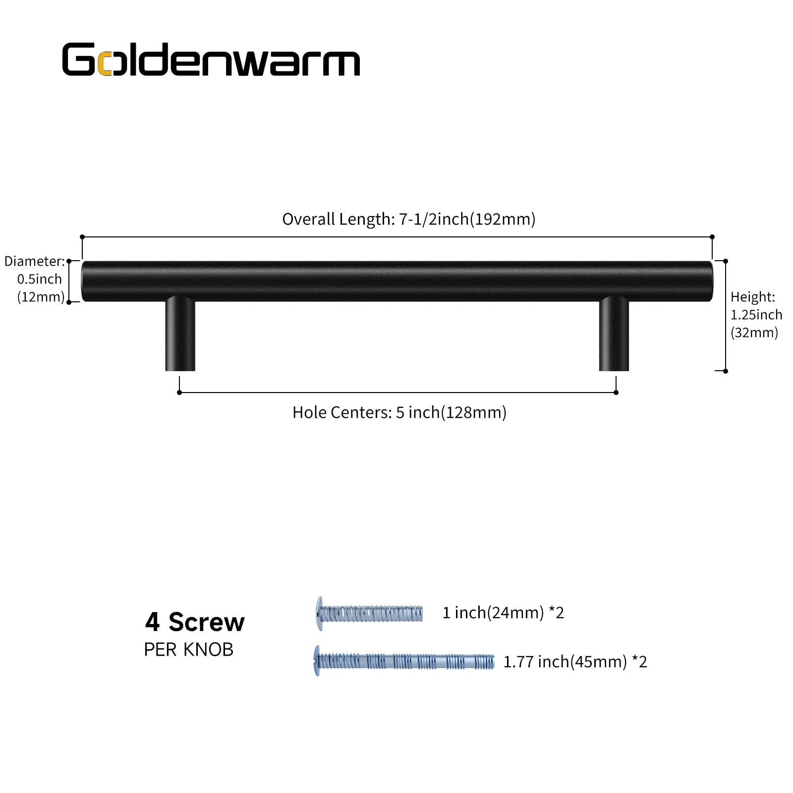 Goldenwarm 6 Pack Black Kitchen Handles 128mm Hole Centers, Black Cupboard Handles for Kitchen Bedroom Bathroom T-Bar Stainless Steel - Image 2