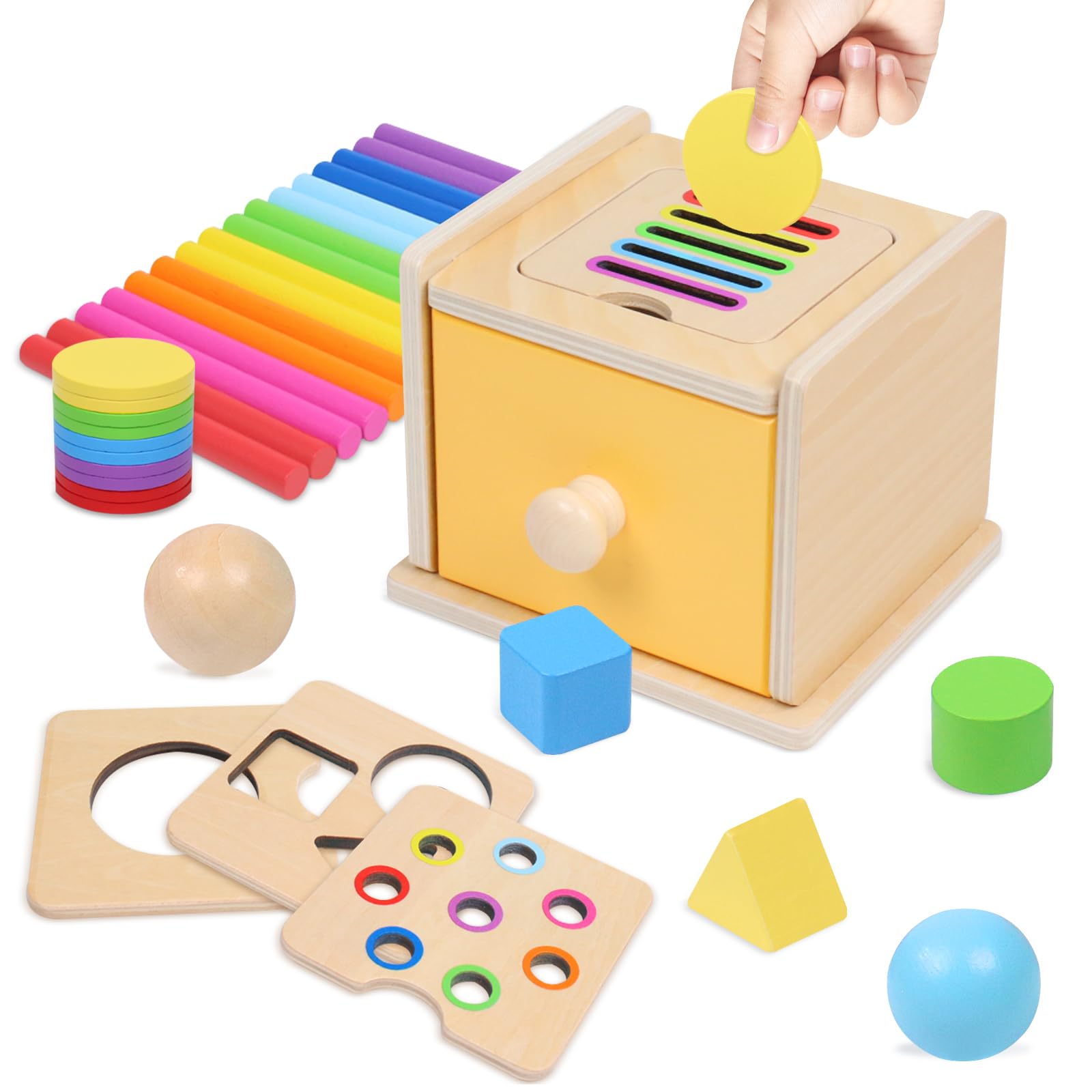 Montessori Toys for 1+ Year Old, 4 in 1 Object Permanence Coin Box, Ball Drop Color Sorting Sensory Fine Motor Skills Toys Shape Sorter for Toddlers 1-3, Gifts for 1 2 3 Year Old Girls Boys