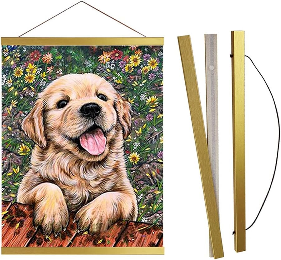 ZSNUOK DIY 5D Diamond Painting Kits with 12'' Magnetic Poster Frame Hanger, Full Round Drill Diamond Dotz Mosaic Making Supplies Paint with Diamonds Animal Dog for Mothers Day Gifts 12x16in