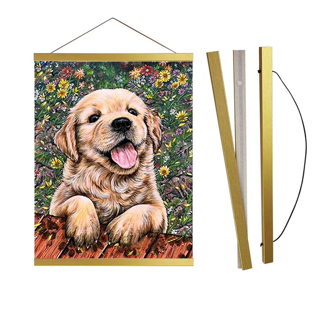 ZSNUOK DIY 5D Diamond Painting Kits with 12'' Magnetic Poster Frame Hanger, Full Round Drill Diamond Dotz Mosaic Making Supplies Paint with Diamonds Animal Dog for Mothers Day Gifts 12x16in