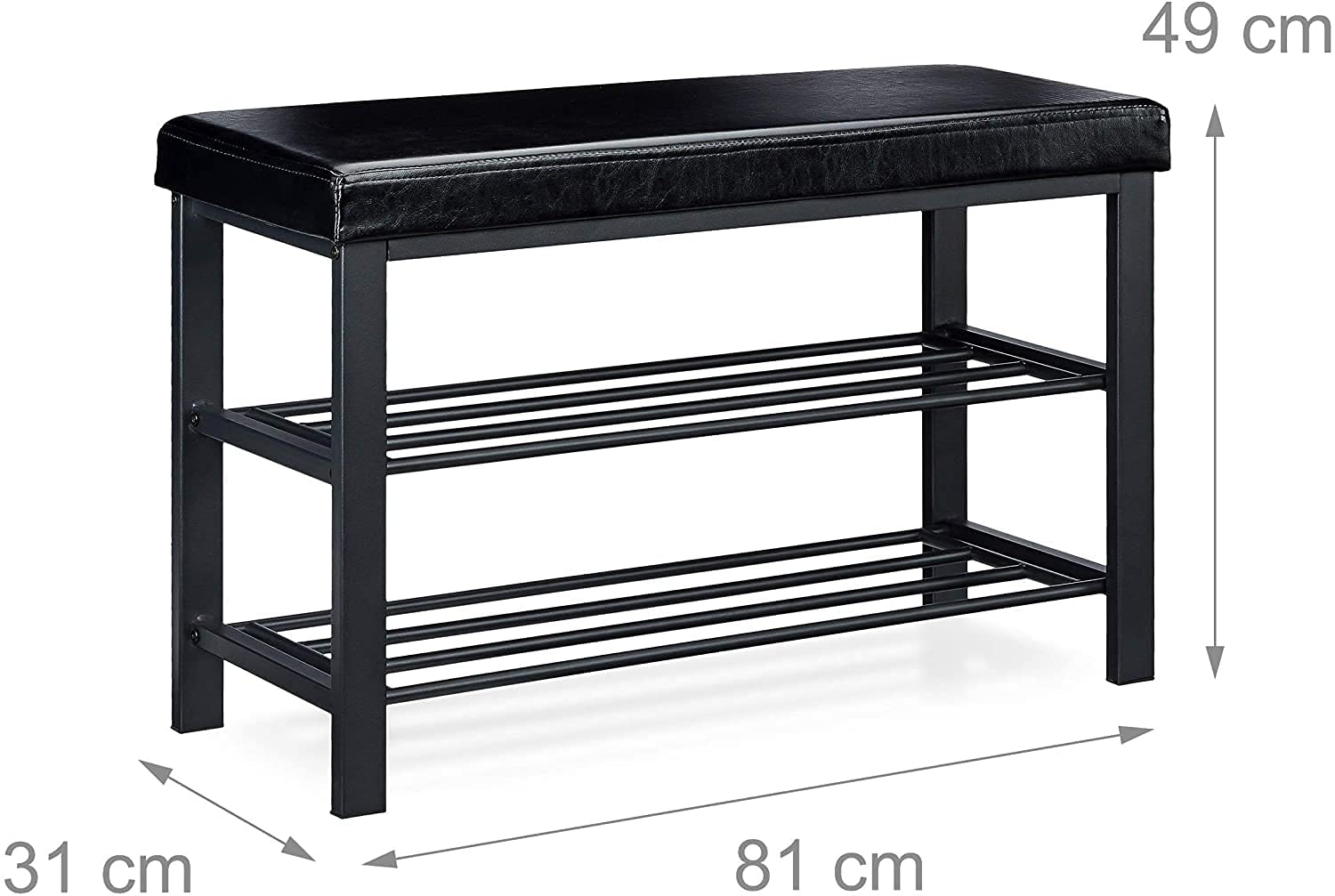 INDIAN DECOR. XL48317 49 x 81 x 32 cm Open Shoe Shelves, Padded Seat w/Faux Leather Cover, for 6-8 Pairs, Backless, Black, 32x80x45 cm 1