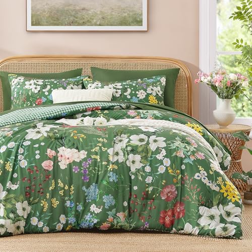 Image of Andency King Size 7 Piece Reversible Bed in a Bag - Botanical Floral & Gingham Comforter Set, Farmhouse Vintage Rustic Comforter,Forest Green