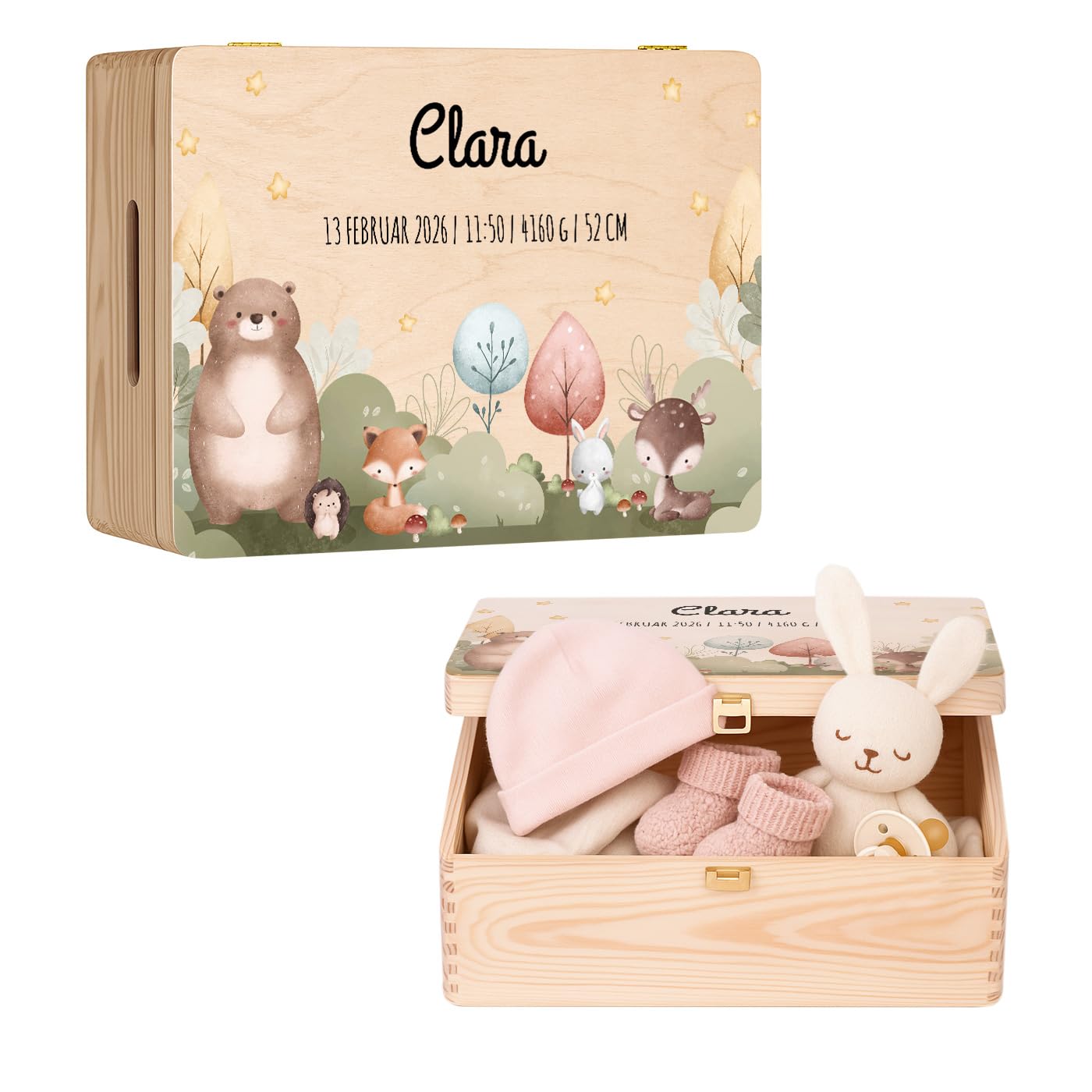 Maverton Erinnerungsbox Baby mit Namen - Aufbewahrungsbox mit Deckel - personalisierte Geschenke Baby - Geschenk für Mädchen und Jungen zur Geburt zur Taufe - aus Kiefernholz