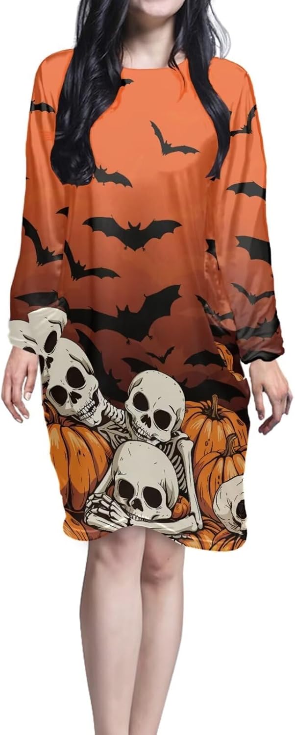 Gomyblomy Halloween Nightgowns for Women with Pockets Long Sleeve Sleep Dress Soft Cozy Nightshirt Loungewear Size S-5XL