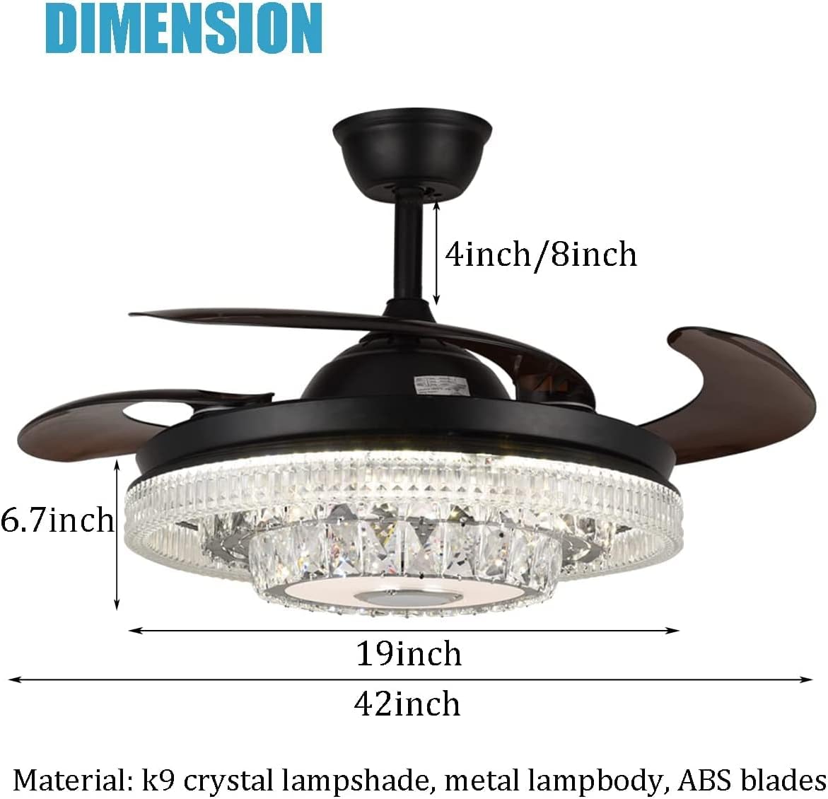 42" Modern Chandelier Ceiling Fan with Lights Reversible Blades, Fandelier with Bluetooth Speaker 7 Dimmable Colors 6 Speeds, Crystal Retractable Ceiling Fan with Remote Control Silent Motor