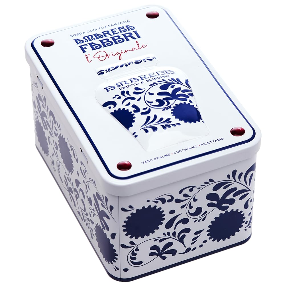 Fabbri 1905 - Cofanetto Regalo in latta | Vaso Amarena Fabbri 600g + Cucchiaino di ceramica decorata + Libro di ricette