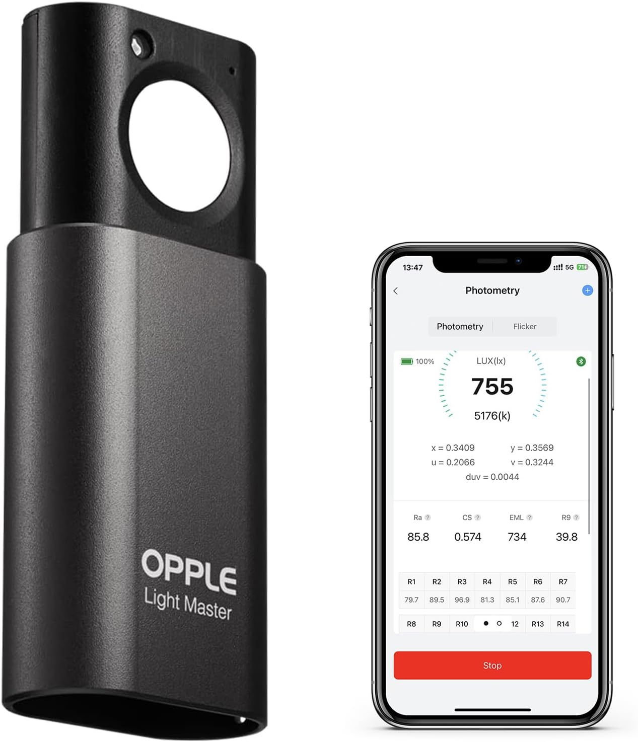 Opple Light Master 4 Meter, Digital Meter Lux Illuminometer Motion Sensor Bluetooth App Led Lighting Tester For Cct Cri Flicker Duv Measurement Rechargeable With Type-C