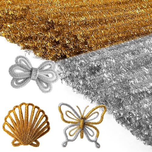 Image of Caydo 200 Pieces Glitter Golden & Silver Pipe Cleaners | Thick Fluffy Chenille Stems, Pipe Cleaner Crafts for Arts & Crafts, Perfect for Making Animals, Flowers