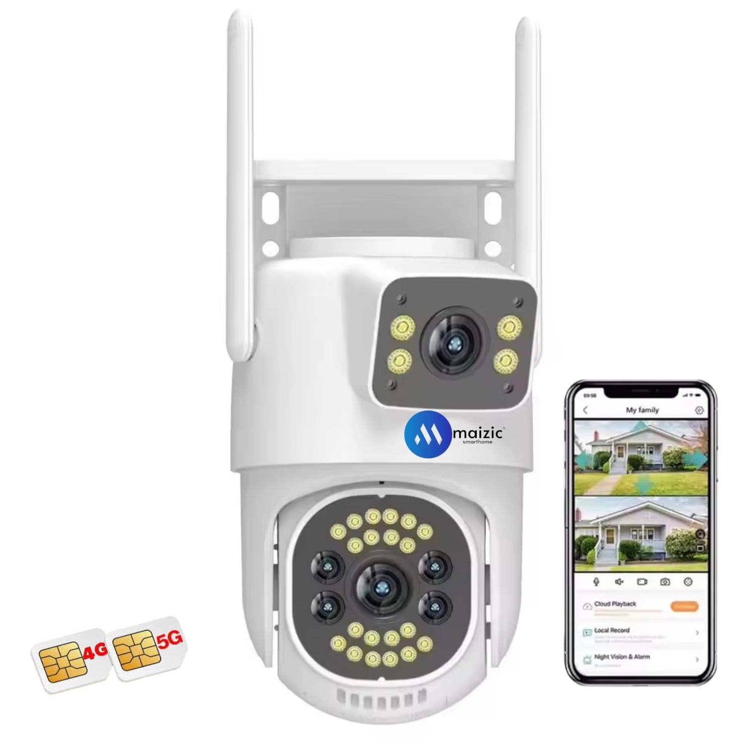 Maizic Smarthome 4G/5G SIM 5+5MP Dual Lens/Screen Pan & Tilt Zoom CCTV Outdoor Camera, Weatherproof(IP66), 2 Way Talk, Motion Detect, Supports SD Card Up to 256 GB, Color Night Vision (B0D6BXPDDV) Amazon Price History, Amazon Price Tracker