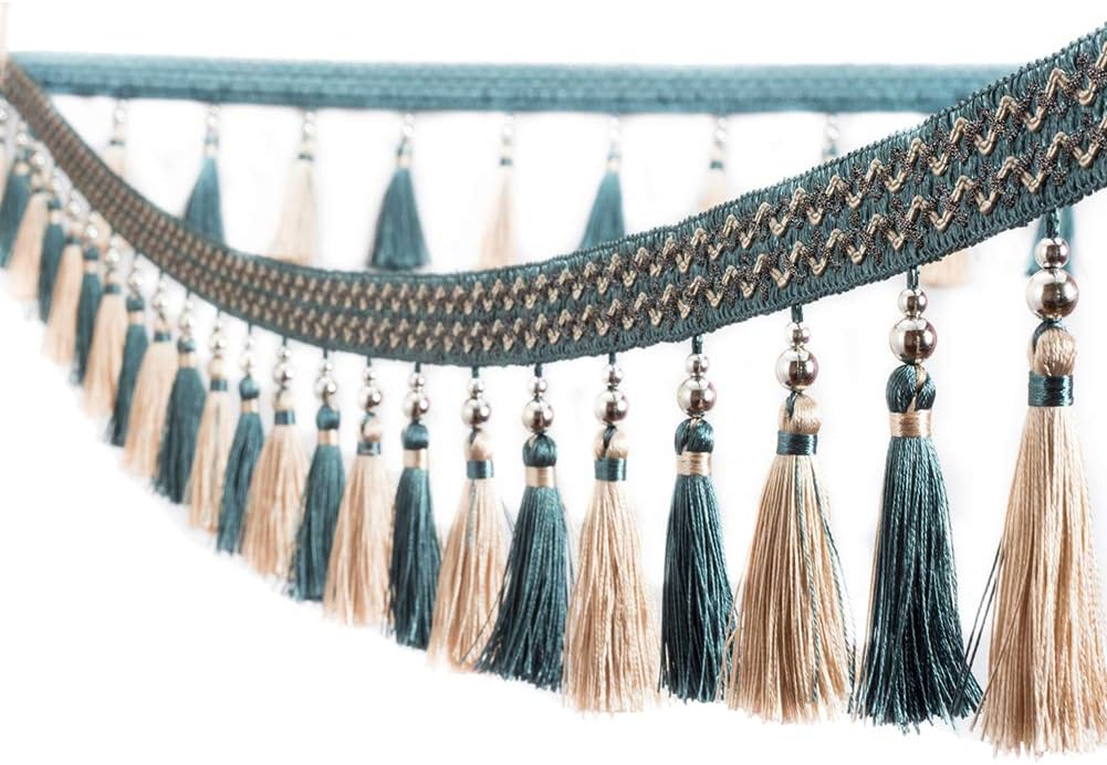 Trycooling 12.5 Yard Multicolor Beaded Hanging Ball Tassel Fringe Trim for Curtain Home Decoration (Dark Blue)