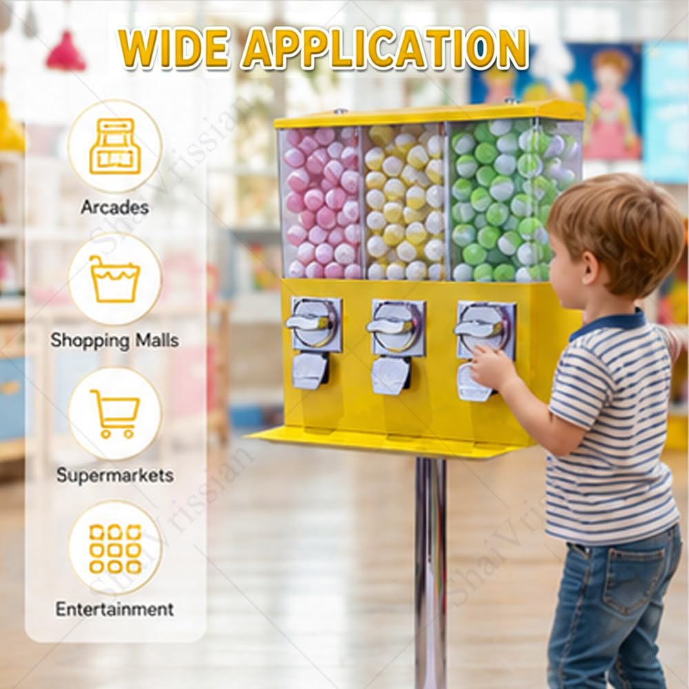 Kommerzieller Gumball Automat Mit 3 Spendern Black | Für Kaugummi,Bonbons,Kapseln,25-Cent Oder 1-Euro Münzbetrieb,Metallständer,Für Laden,Arcade,Eingangsbereich